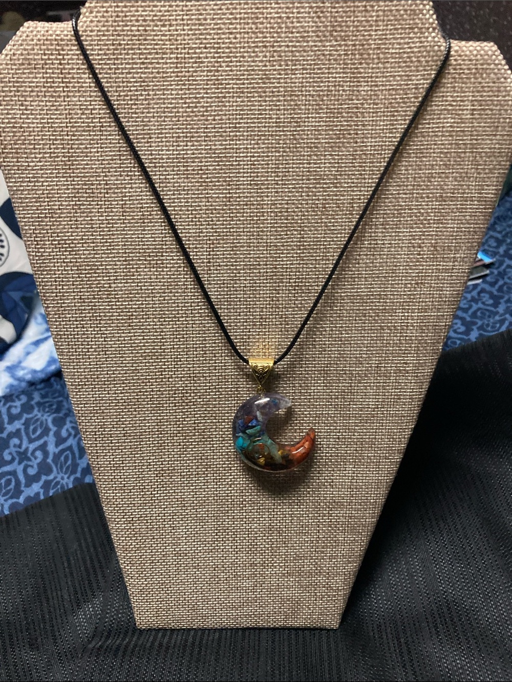 Crescent Moon Multicolor Resin Pendant Necklace With Gemstones